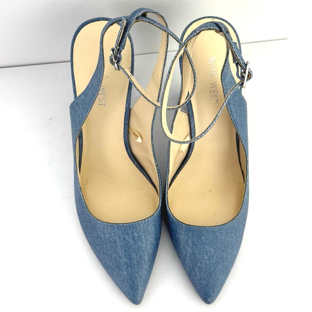 Nine West Women’s Ankle Strap Spool Heel Pointed Toe Chambray Blue Heels Size 9 - Picture 7 of 11